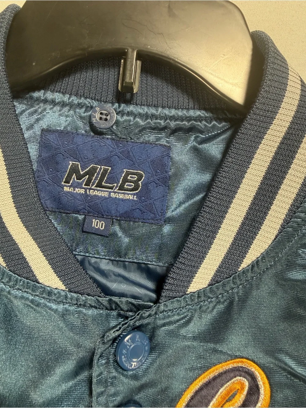 NWOT MLB NY Yankees Blue Satin Bomber Varsity Jacket Mens Medium Mint Cond